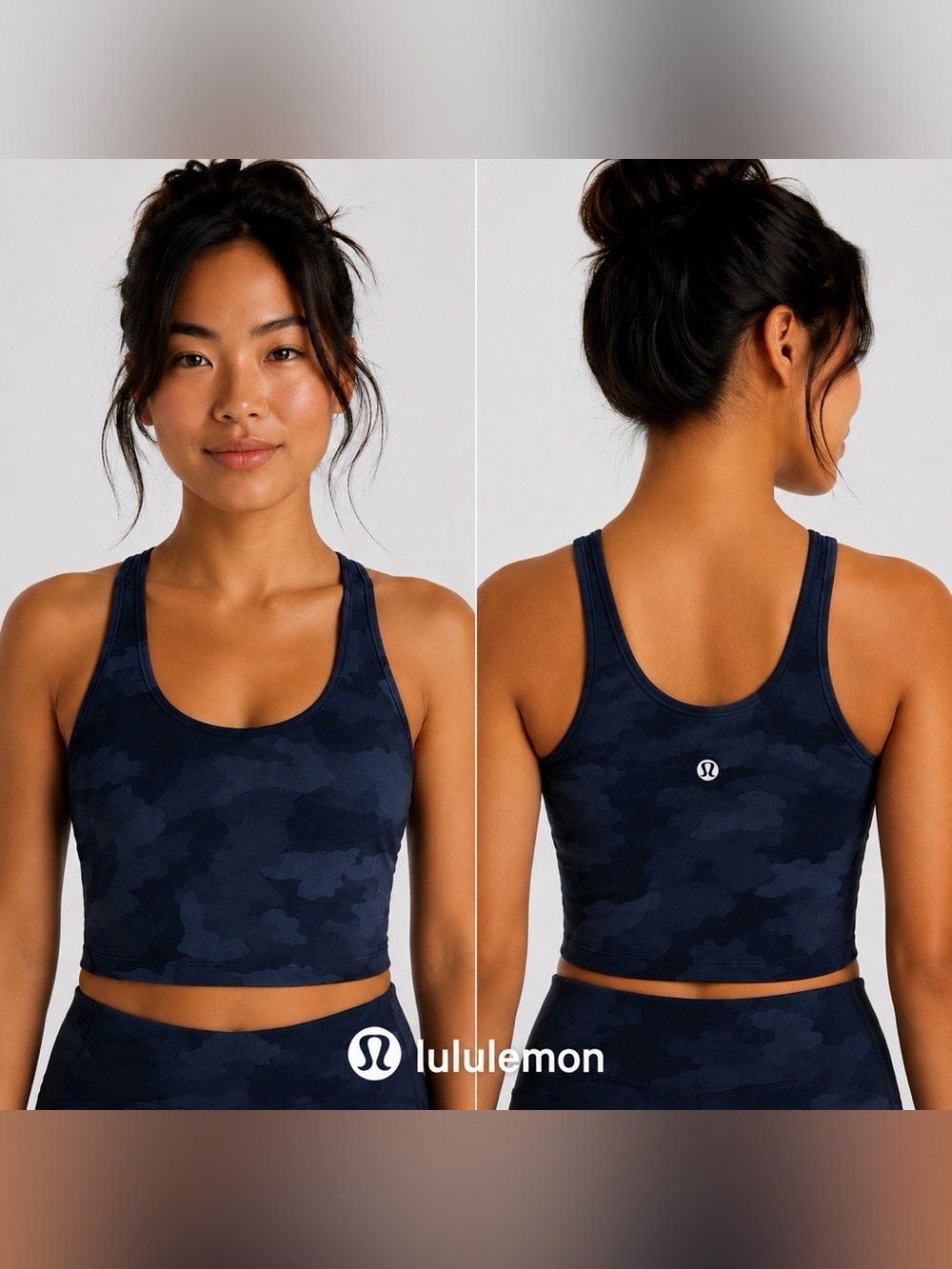 Lululemon Energy Bra Long Line Crop Tank Womens 4 Black Gray Camo Athleisure Gym